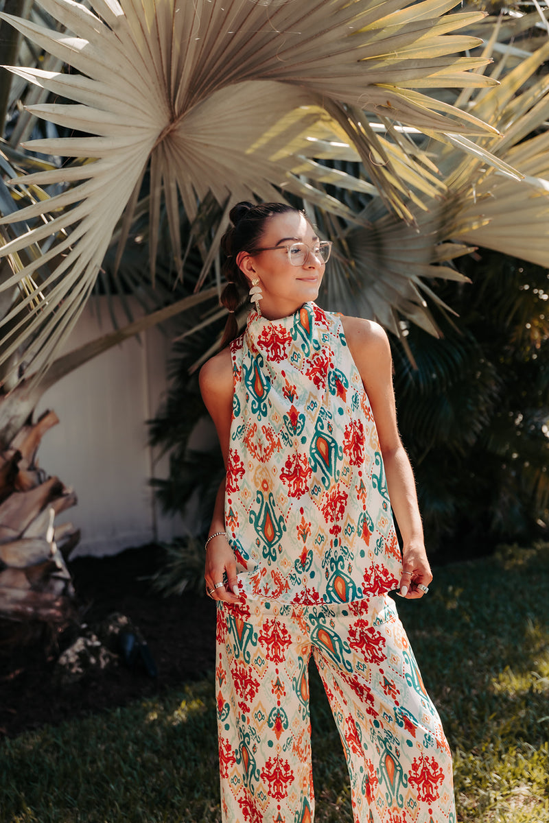 Green Red Ikat Mix Drape Neck Tank