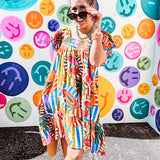 This tropical print short dress features vibrant summer hues with playful striping and fruit motifs throughout, square smocked neckline and flutter sleeves and pockets—complete with pink and blue ball tassels. Crafted from soft, lightweight fabric, it's designed to move with you all day long.