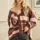 Wine Colorblock Mix Texture Cardigan