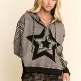 Black + Grey Star Patch Waffle Oversized Hoodie