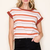 Marsala Crew Neck Stripe with Contrast Sleeve