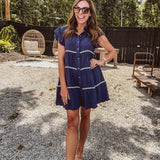 Navy Ruffle Sleeve Contrast Trim Tiered Shirt Dress