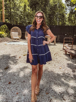 Navy Ruffle Sleeve Contrast Trim Tiered Shirt Dress