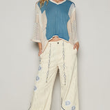 Lapis Blue Crochet Mix Oversize V Neck