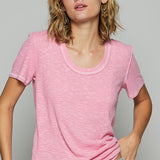 Round Neck Ribbed Contrast Stitch Easy Tee