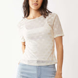 Ribbon Short Sleeve Sheer Mesh