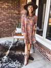 Orange Tan Animal Print Button Up Shirt Dress