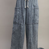 Denim Stone Wash Pinstripe Wide Leg Pant