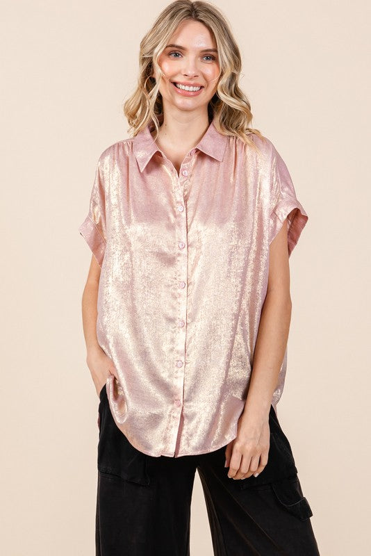 Pink Metallic Collared Button Up Blouse