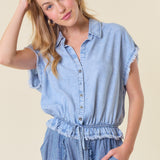 Light Denim Tie Waist Button Front Shirt