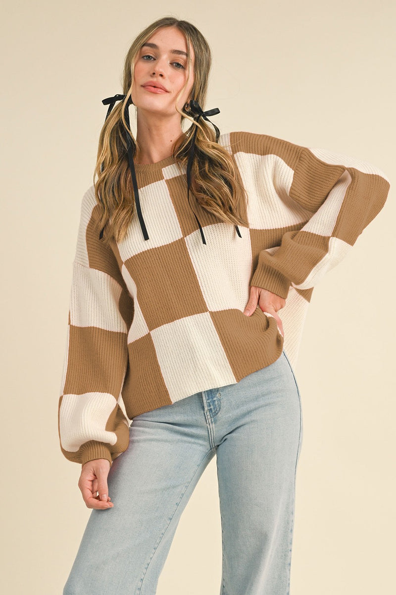 Warm Sand + Cream Checker Balloon Sweater