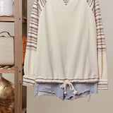 Ivory Stripe Shoulder Drawstring Hem Pullover