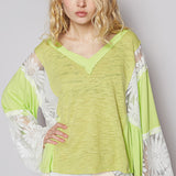 Floral Lace Inset V Neck Wide Sleeve Pullover