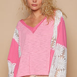 Floral Lace Inset V Neck Wide Sleeve Pullover