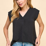 Black Textured Placket V Neck Tank
