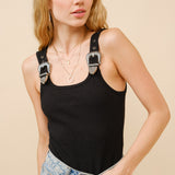 Black Ribbed Western Buckle Bodysuit