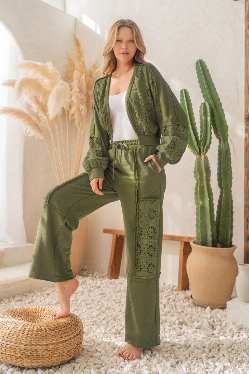 Washed Green Eyelet French Terry Pant