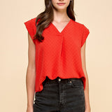 Red Textured Placket V Neck Tank