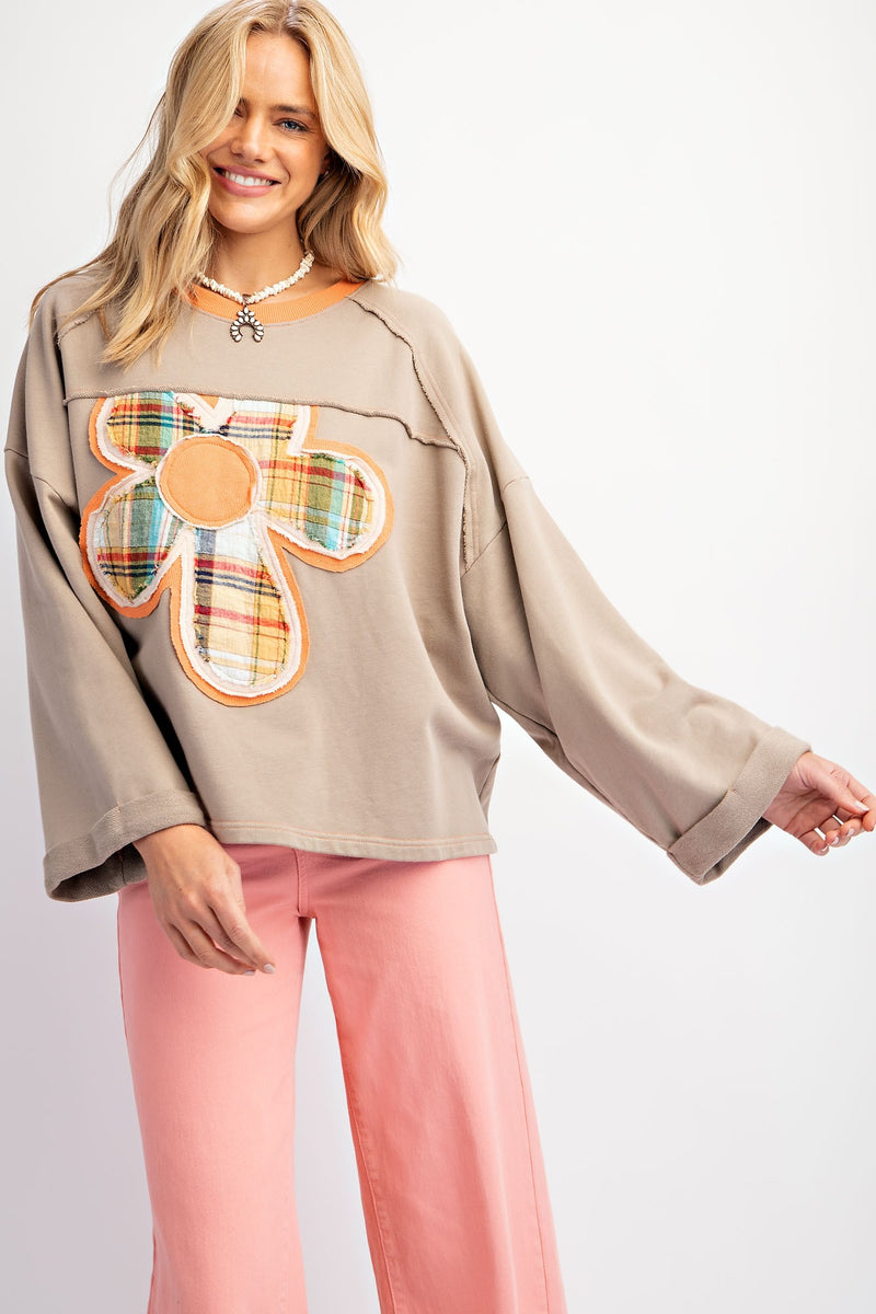 Olive Grey Flower Flannel Patch Terry Knit