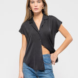 Black Texture Button Front Lapel Collar Top