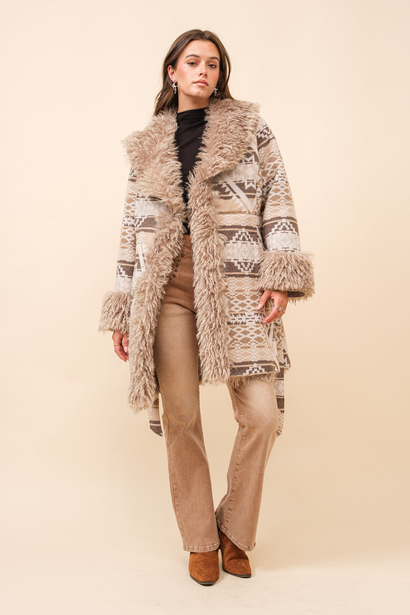 Beige Aztec Jacquard Fur Belted Coat