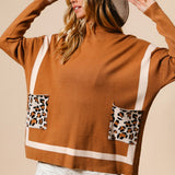 Camel Mock Neck Stripe Trim Sweater with Leo Pocket