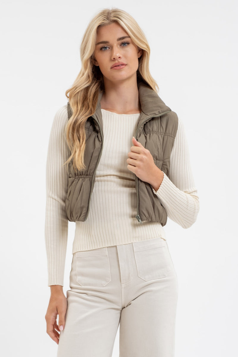 Olive Crop Collar Puffer Vest