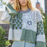 Green & Gray Jacquard Checker Mix Pattern Sweater
