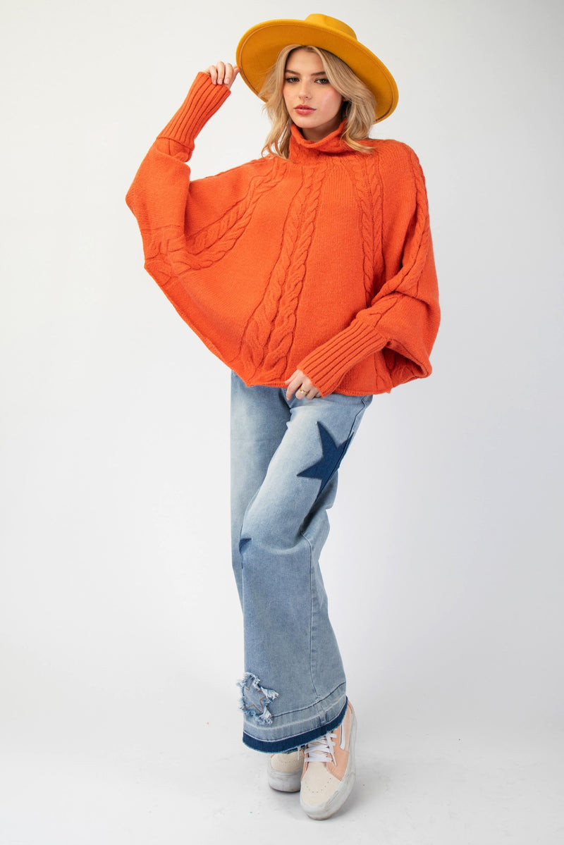 Pumpkin Mock Neck Poncho Sweater
