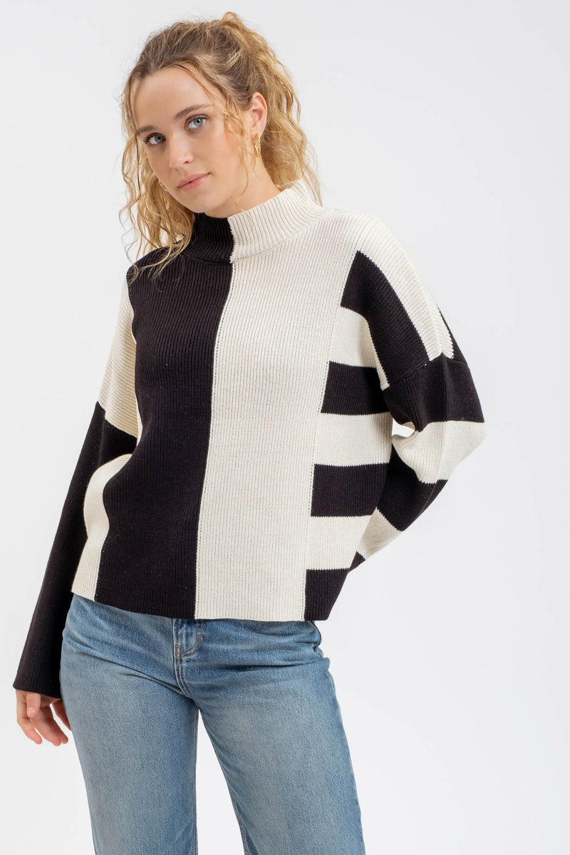 Black & White Stripe Colorblock Pullover Sweater