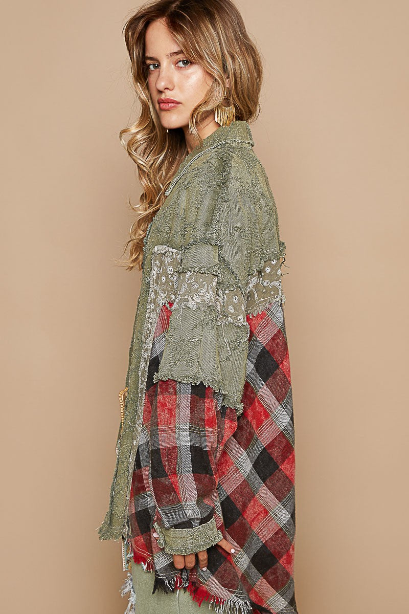 Olive + Plaid Mix Twill Jacket