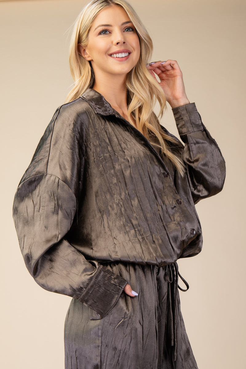 Olive Satiny Button Front Top