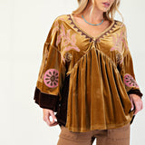 Gold Brown Velvet Boho Babe Embroidered Top