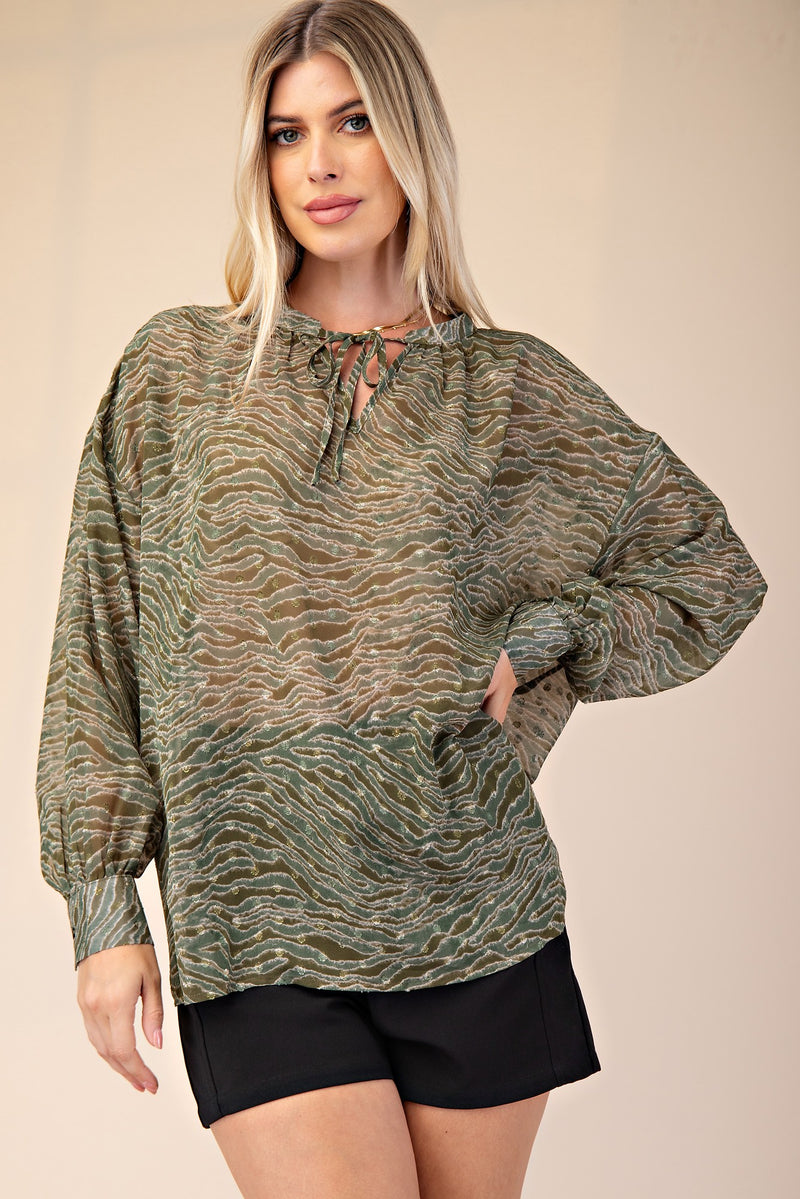 Zebra Print Chiffon V Neck Long Sleeve Blouse
