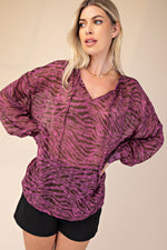 Zebra Print Chiffon V Neck Long Sleeve Blouse