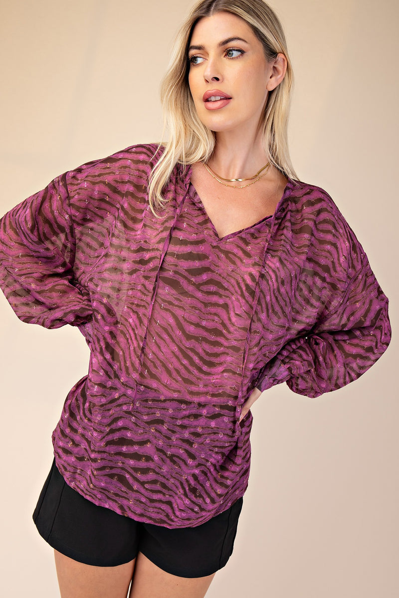 Zebra Print Chiffon V Neck Long Sleeve Blouse