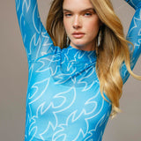 Turquoise Boot Stitch Sheer Mesh L/S