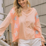 Coral Star Patch Oversize V Neck Pullover