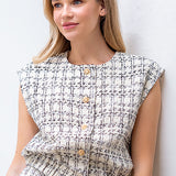 Ivory Tweed Buttoned Elegance Sweater Vest