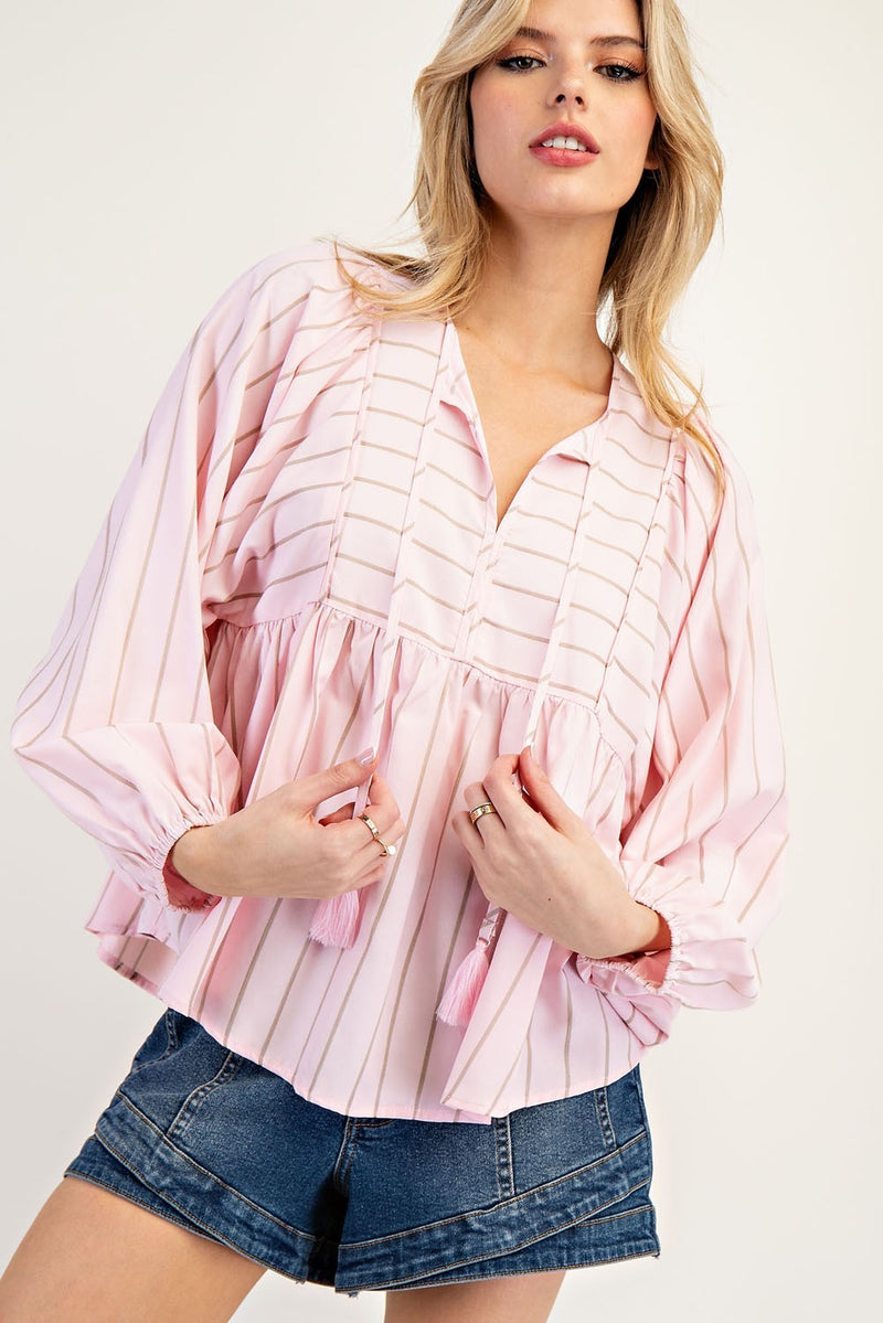 Pink Stripe Bib Like Long Sleeve Dolman