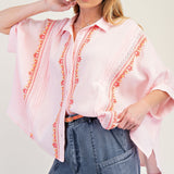 Powder Pink Embroidered Button Down Cotton Gauze