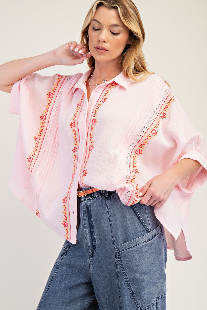 Powder Pink Embroidered Button Down Cotton Gauze