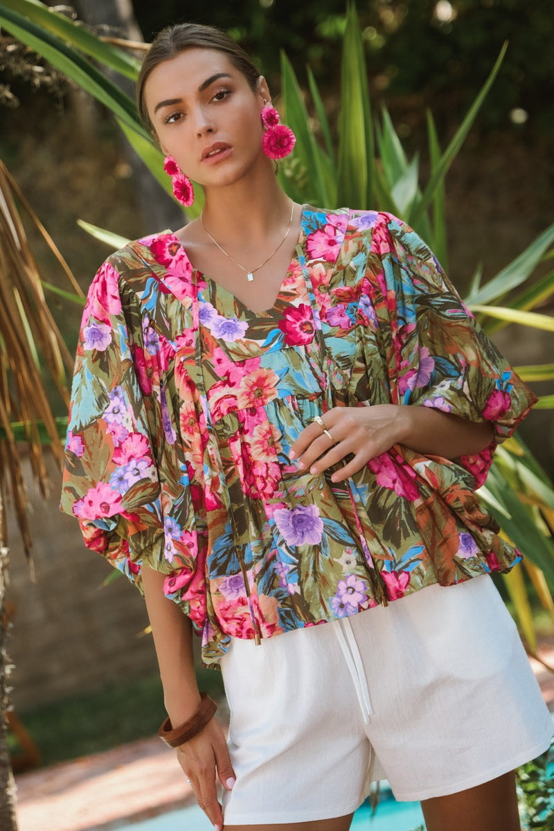Olive Garden Bubble Flowy Sleeve Boho Blouse