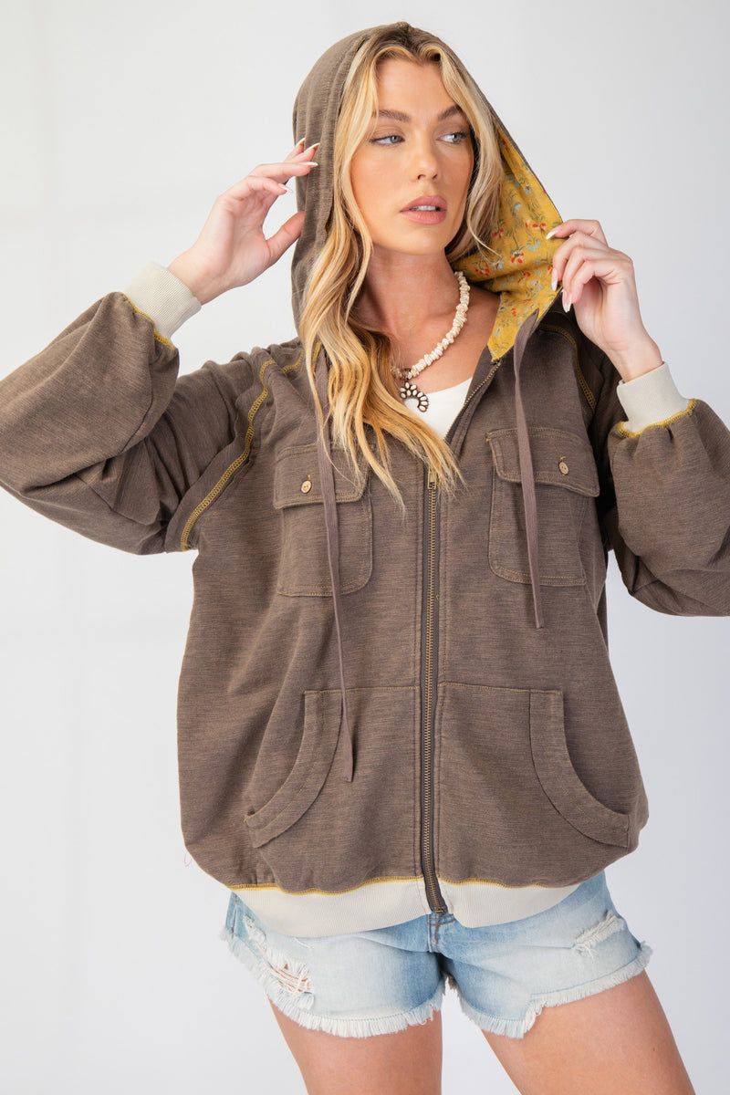 Ash Mineral Wash Zip Up Jacket with Contrast Stitch