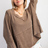 Ash Brown Thermal Knit V Neck Mineral Wash