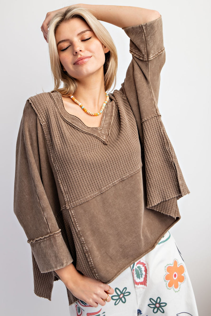 Ash Brown Mineral Wash V Neck Top