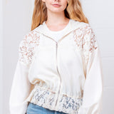 Cream Zip Up Lace Hooded Jacket