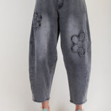 Washed Black Flower Patch Barrel Denim