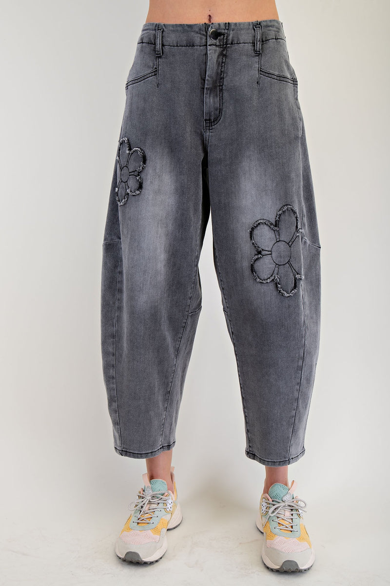 Washed Black Flower Patch Barrel Denim