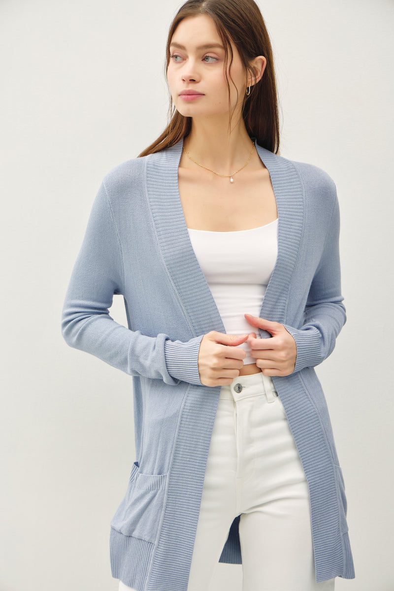 Open Front Cardigan with Rib Trim & Pockets